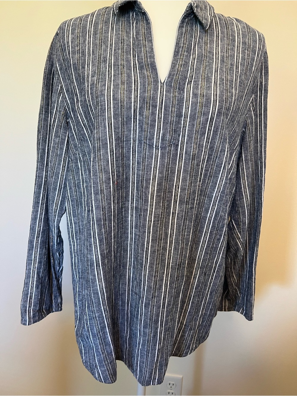 Chico's Blue and White Vertical Stripe V-Placket Tunic